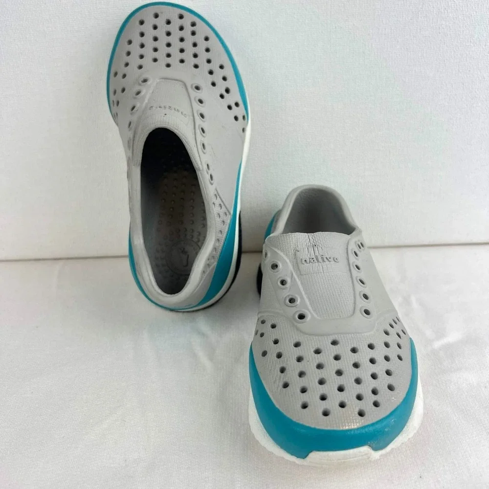 EUC Native Shoes Kids Grey Teal Slip On Water Sneakers Summer C7